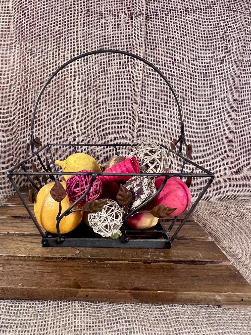 Metal Grey Wrought Iron Decorative Basket with Handle~Exterior Copper Leaves